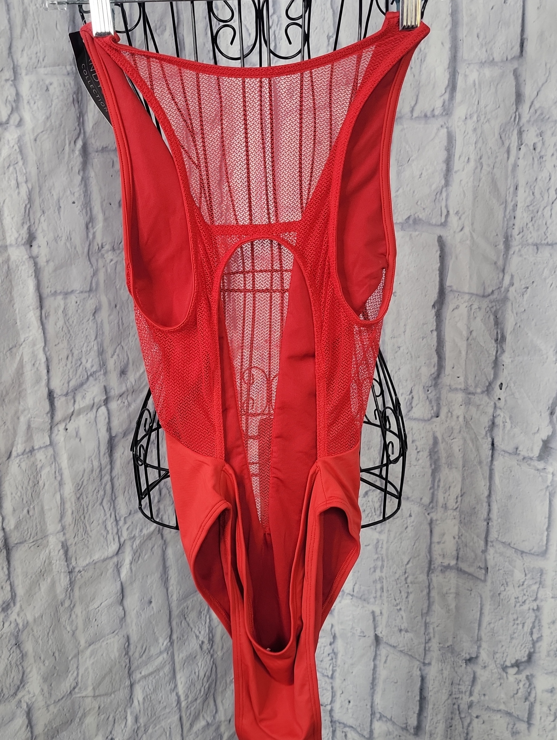 Yandy Nwt One-Piece Swimsuit Large Red Mesh Plunge Monokini — image 4 of 6